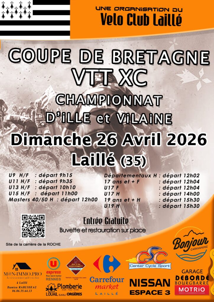 Affiche officielle de la manche de Coupe de Bretagne VTT XC du 26 avril 2026 organisée par le VC Laillé.